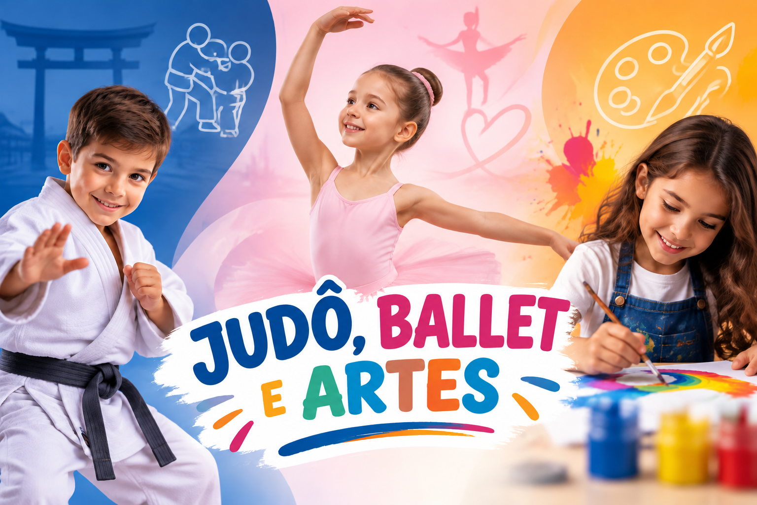 Judô, ballet e artes: crianças praticando judô, dança e pintura